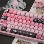 Sweet Cool Bunny Keycap Set gallery shows the edgy black and pink artistic design from various angles, highlighting its unique 'Sweet Cool' mechanical keyboard.