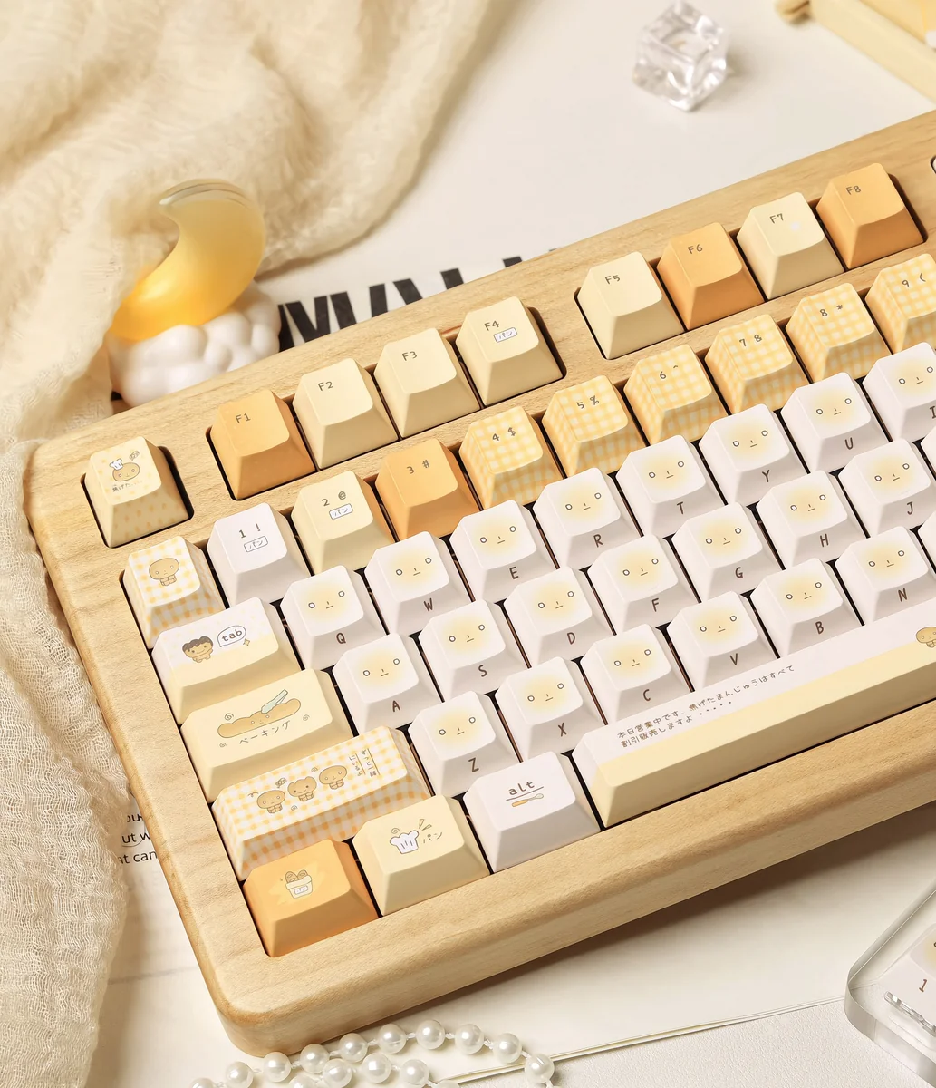 Playful Original Burnt Toast PBT dye-sub keycaps set, 147-key boxed set, featuring warm toasted hues design.