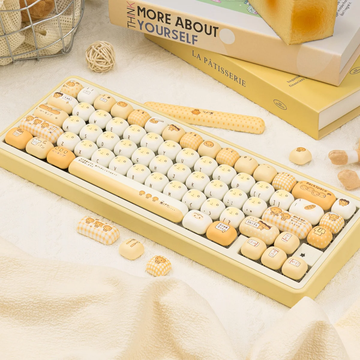Unique Burnt Toast PBT Keycaps Set. Playful dye-sublimated design with warm, toasted mimicking burnt bread and crisp legends.
