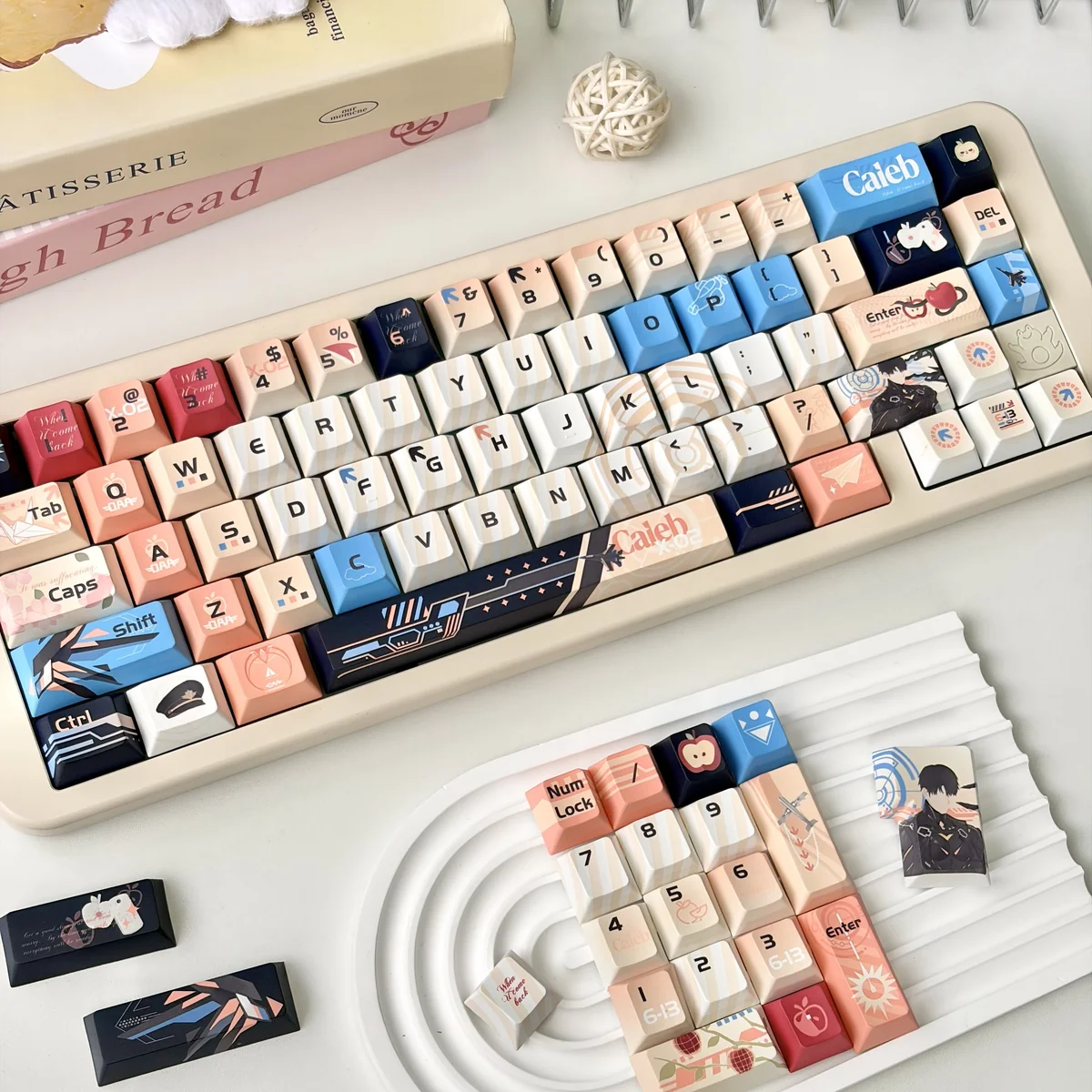 Close-up of premium Caleb Keycaps Set featuring the exclusive Love Deepspace romantic elegance theme with a subtle shine-through and luxurious jade-like.