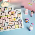 A playful product gallery view of the iconic Cardcaptor Sakura & Friends keycaps set, highlighting vibrant pink and gold anime motifs from a fresh angle.
