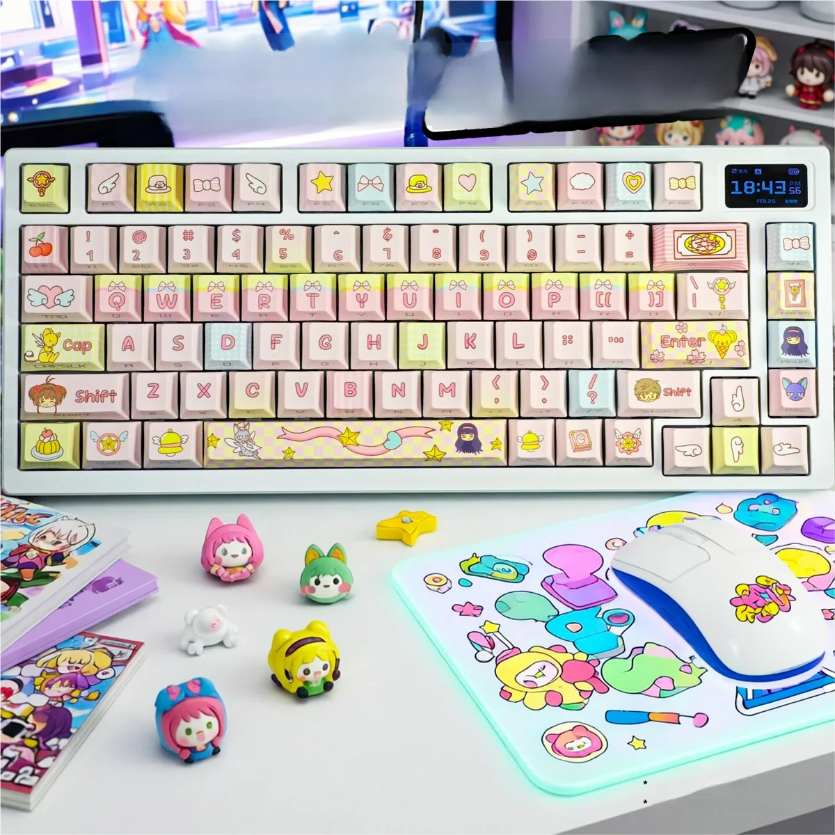 A magical Cardcaptor Sakura keycap set, featuring vibrant pink and gold keys adorned with iconic anime motifs, bringing whimsical charm to any keyboard.