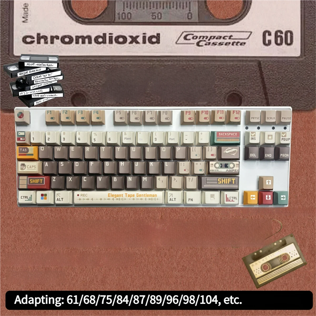 Cassette Gentleman PBT Dye-sub Keycap Set. Multiple angles show its unique retro-gentleman vintage tech aesthetic and durable PBT dye-sub legends.