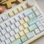 Detailed view of the Whimsical Cat Fishing PBT Dye-Sub keycaps set, revealing a charming cartoon cat fishing scene from a different perspective.