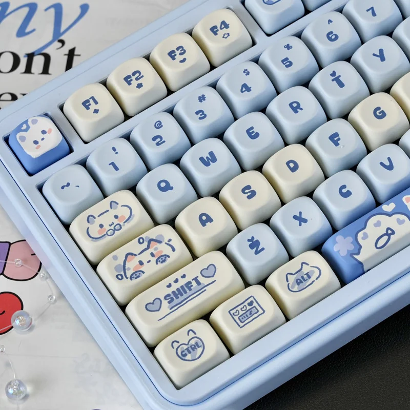 Unique PBT MOA Sea Salt Cat Keycap Set, an artistic collection showing its calm blue ocean hues and playful kitten from multiple perspectives.