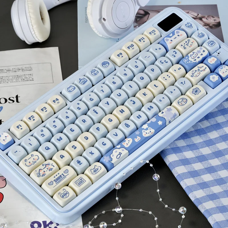 Unique PBT MOA Sea Salt Cat Keycap Set, Ocean Serenity theme. A playful kitten in calm blue hues evokes tranquil ocean aesthetics, an artistic cat keycaps.