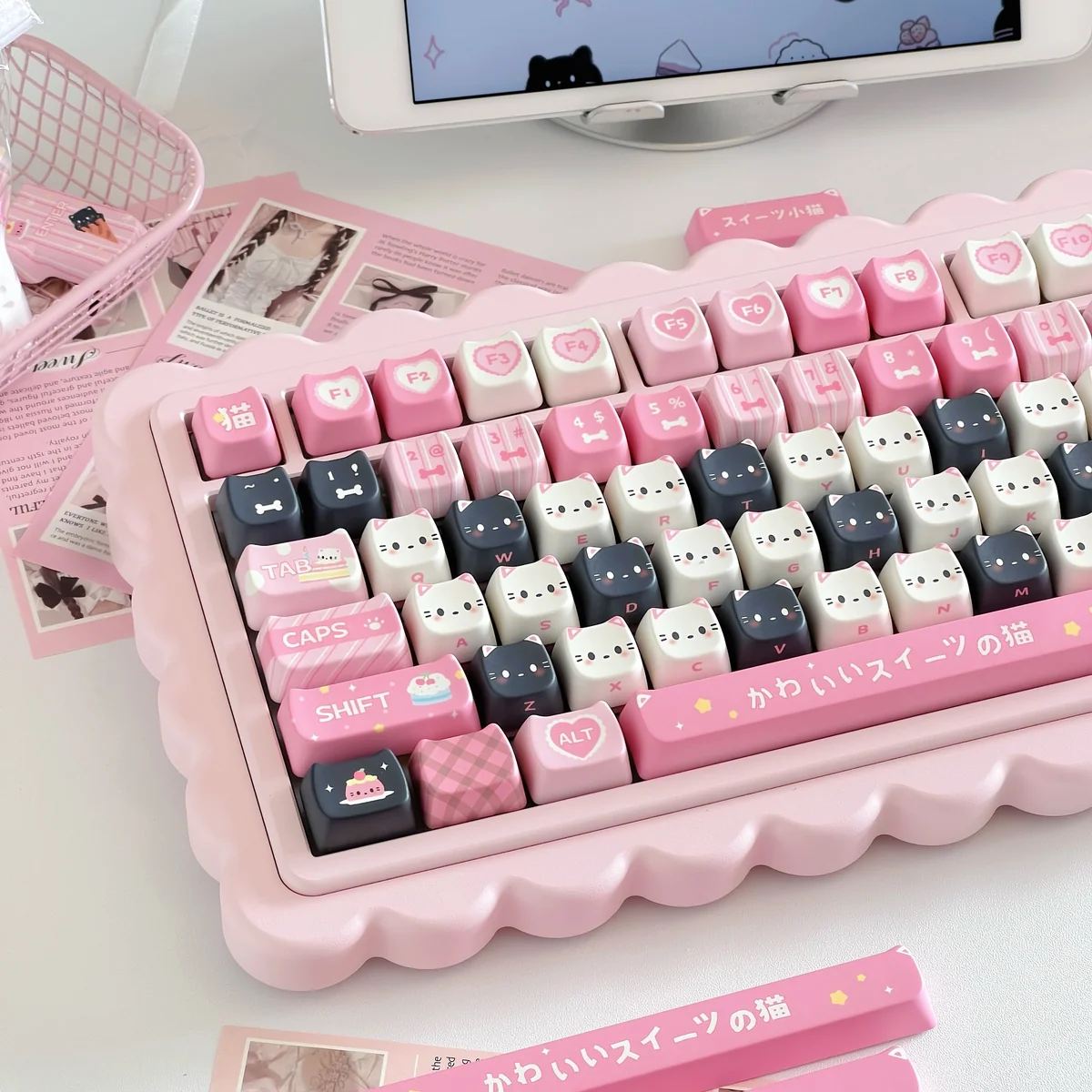 Cute Cat Dessert Keycaps Set: whimsical dessert theme. Adorable pastel cat and dessert motifs from multiple angles highlight durable PBT.