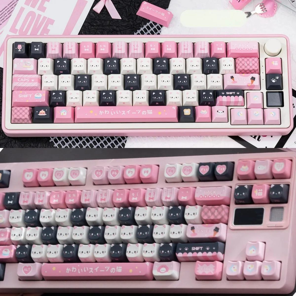 Cute Cat Dessert Keycaps set: adorable cats and whimsical desserts in pastel colors. Durable PBT keycaps for a charming, vibrant keyboard display.