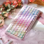 Playful cat Squad keycaps set in a translucent PC set, highlighting the whimsical side-printed legends and vibrant RGB compatibility.