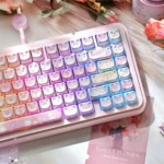 Playful translucent PC cat Squad keycaps set, side-printed legends, full set for mechanical keyboards, showcasing whimsical design and vibrant RGB glow.