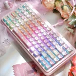 A playful close-up of the translucent PC cat Squad keycaps set, highlighting their unique side-printed legends and whimsical design on a mechanical keyboard.