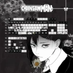 Detailed view of the exclusive Chainsaw Man Kobeni PBT keycaps set, revealing vibrant anime art and dynamic character details on each keycap for collectible art.