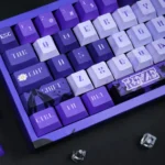 Premium Chainsaw Man Reze PBT Keycap Set with dynamic character art, showcasing vibrant colors and explosive aesthetic from various angles.