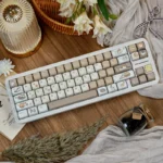 Adorable Cheeseburger Cat PBT keycap set, a playful side view of the whimsical cat nestled in its vibrant, delicious cheeseburger design.