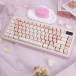 Stunning Cherry Blossom Keycaps MOA profile PBT set, showcasing delicate pink motifs for an elegant, serene, nature-inspired desktop.