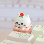 Charming Chiikawa dessert pie artisan keycaps for ESC, showcasing adorable characters as sweet, colorful miniature treats from various playful angles.
