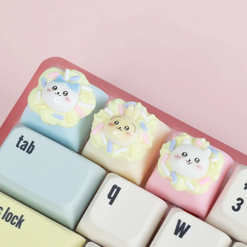 Adorable handcrafted Chiikawa cream tart artisan ESC keycap, showcasing its whimsical resin character and charming pastel details from a distinct angle.
