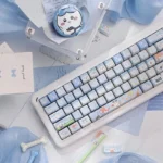 A playful, detailed view of the premium PBT Chiikawa Hachiware keycap set from an alternate angle, highlighting its adorable, vibrant character design.