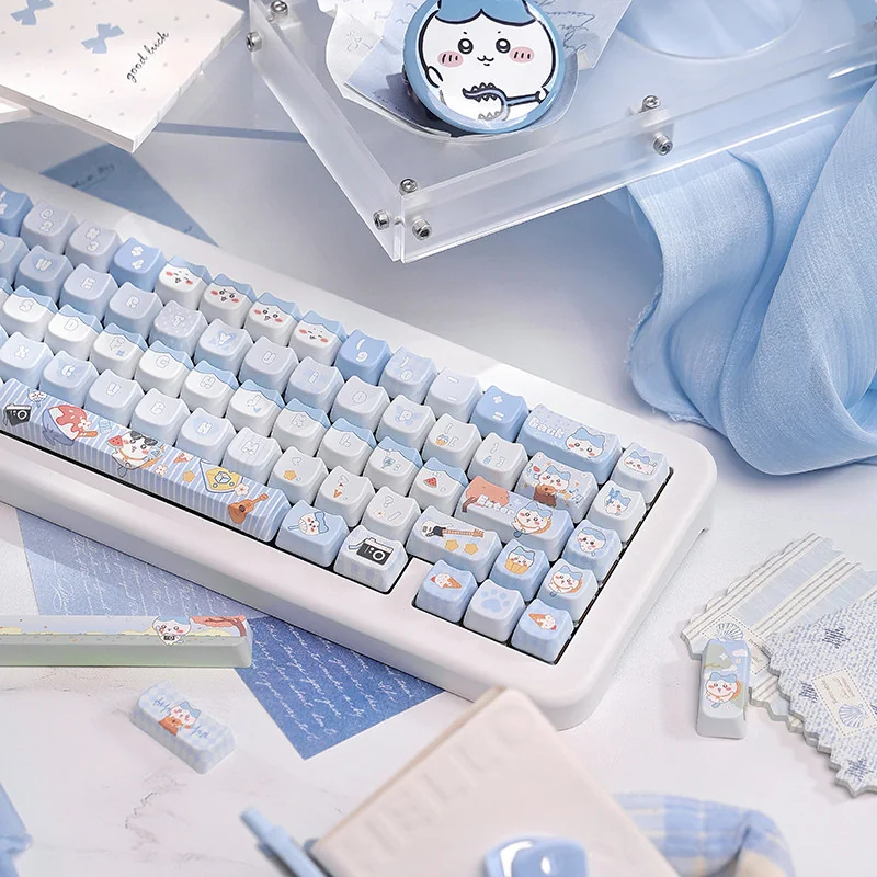 Close-up of the adorable Chiikawa Hachiware PBT keycap set from multiple angles, showcasing its whimsical design and vibrant colors for a charming keyboard.