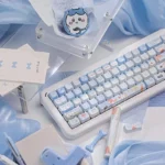 A close-up view of the adorable Chiikawa Hachiware PBT keycap set, showcasing its vibrant colors and charming sculptural design from a unique angle.