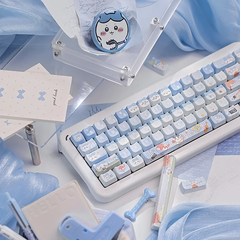 A close-up view of the adorable Chiikawa Hachiware PBT keycap set, showcasing its vibrant colors and charming sculptural design from a unique angle.
