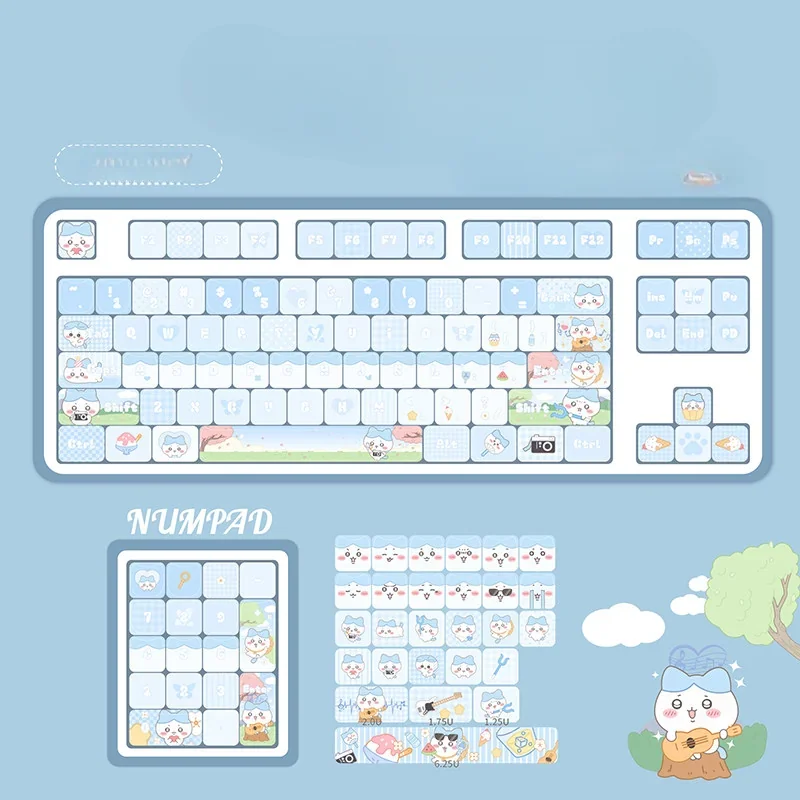 Close-up of the adorable Chiikawa Hachiware PBT keycap set from multiple angles, showcasing its vibrant colors and charming whimsical design. A premium keyboard design.