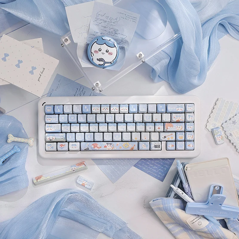 Close-up of the beloved Chiikawa Hachiware PBT keycap set, featuring its adorable, vibrant, whimsical design and premium quality for keyboards.