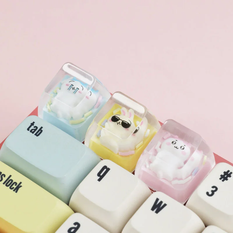 Close-up of a whimsical handcrafted Chiikawa resin ESC keycap, showcasing its vibrant details and adorable character design from a new angle.