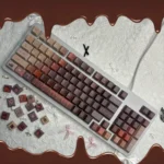 Chocolate PBT Keycaps Set with durable dye-sub legends and Cherry profile, shown from various angles, reveal warm brown hues and a comforting tactile feel.