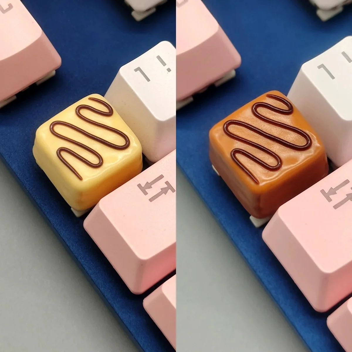 Artisan Chocolate Resin Keycap, handcrafted with warm dessert-inspired resin, showcasing rich chocolate and caramel textures for a delightful keyboard.