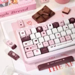 Chocolate Strawberry Series Keycap Set: Sweet Chocolate Strawberry 145-key dye-sublimated set. Charming pastel pink, brown, cream, dessert-inspired keycaps from various angle.