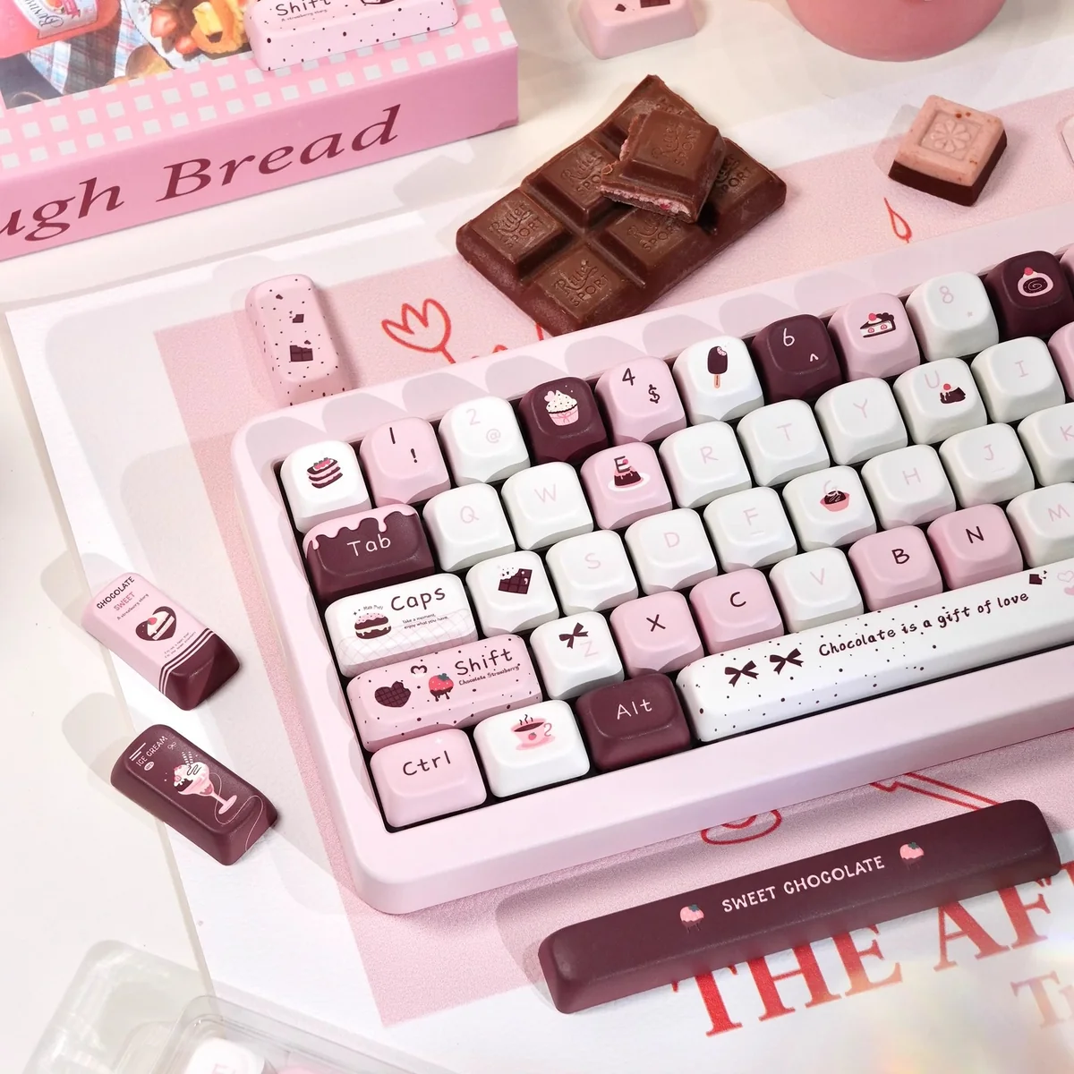 Chocolate Strawberry Series Keycap Set: Sweet Chocolate Strawberry 145-key dye-sublimated set. Charming pastel pink, brown, cream, dessert-inspired keycaps from various angle.