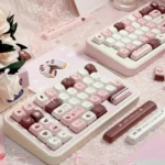 Chocolate Strawberry Series Keycap Set: a charming collection of 145 dye-sublimated keys in a delightful chocolate strawberry pastel theme, shown from multiple angle.