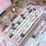 Chocolate Strawberry Series Keycap Set, a 145-key dye-sublimated set featuring pastel pink, brown, and cream dessert-inspired design, boxed package.