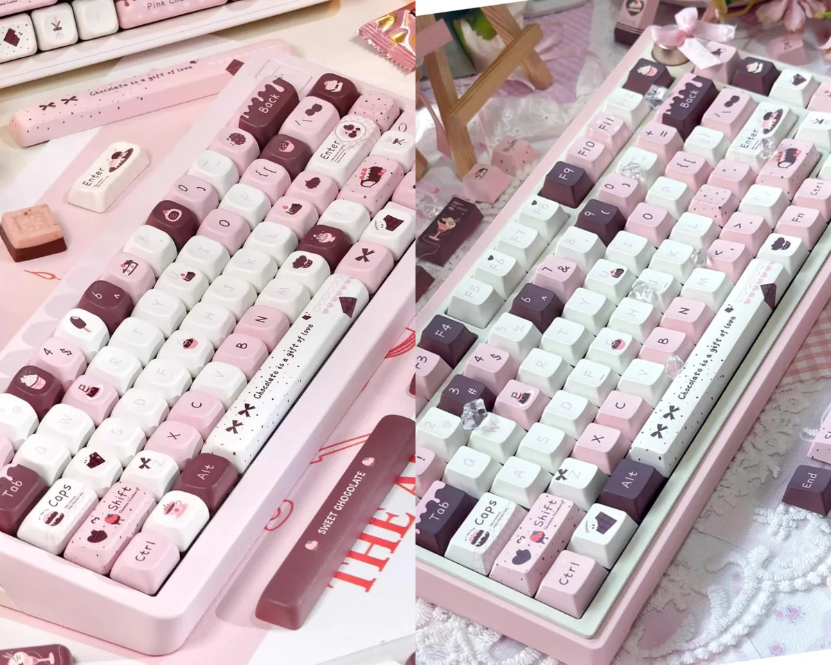 Chocolate Strawberry Series Keycap Set: a charming 145-key dye-sublimated set with chocolate strawberry dessert colors, perfect for a cute keyboard.