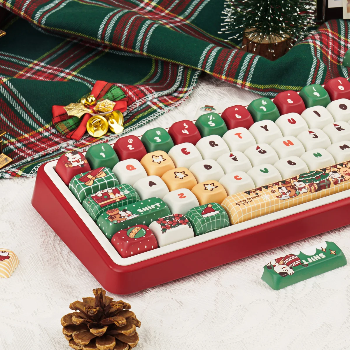 Durable PBT dye-sub Christmas Gift keycap set with vibrant red and green festive characters and winter wonderland designs. Perfect for a playful keyboard.
