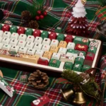 Durable PBT dye-sub Christmas Gift keycap set with playful hues and winter wonderland motifs, shown from various angles for a festive keyboard.