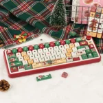 Angled shot of a durable PBT Christmas Gift keycap set, highlighting playful winter wonderland and vibrant dye-sub colors for festive keyboards.