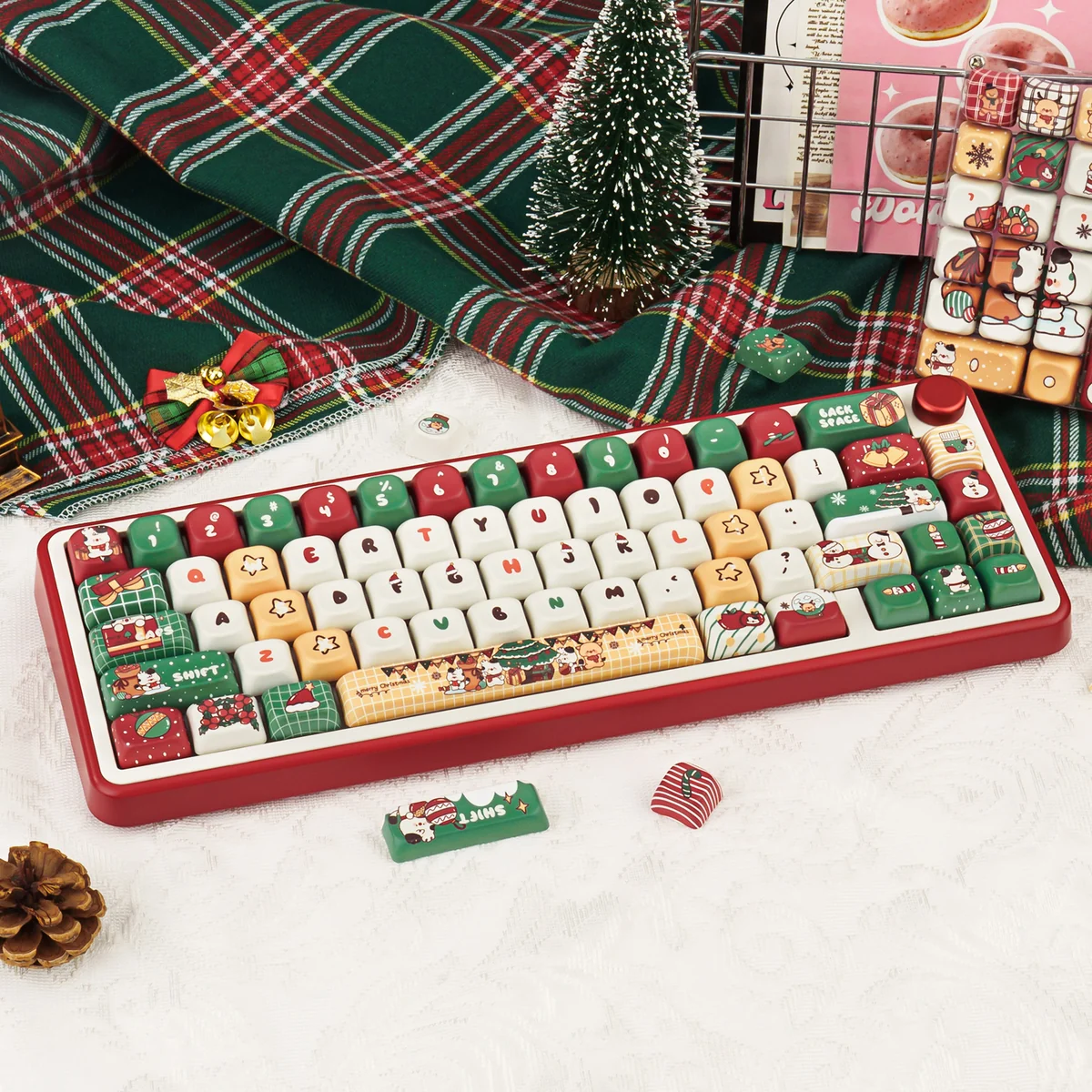 Angled shot of a durable PBT Christmas Gift keycap set, highlighting playful winter wonderland and vibrant dye-sub colors for festive keyboards.