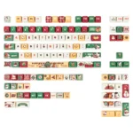 Playful multi-angle view of the durable PBT dye-sub Christmas Gift keycap set, featuring vibrant festive winter wonderland designs.