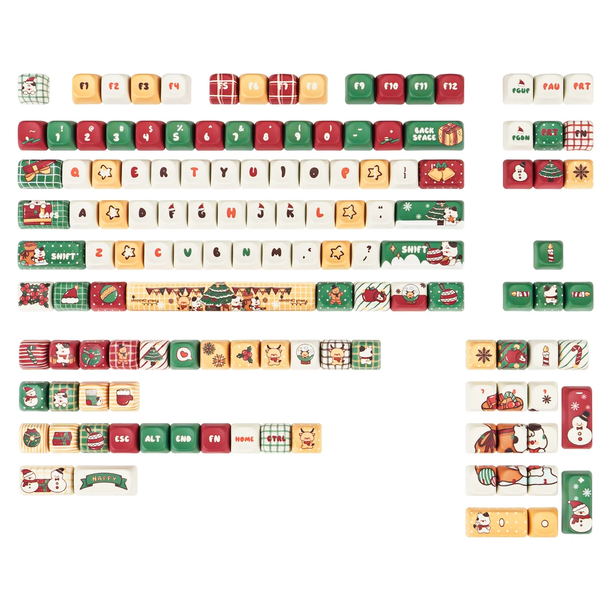 Playful multi-angle view of the durable PBT dye-sub Christmas Gift keycap set, featuring vibrant festive winter wonderland designs.