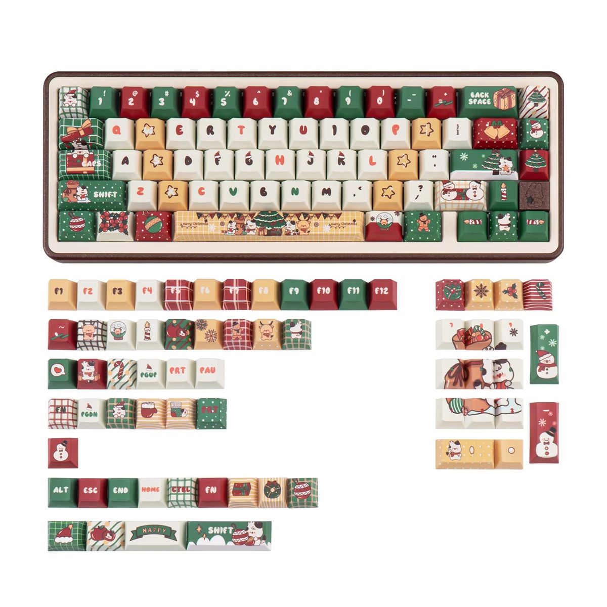 A playful 130-key durable PBT dye-sub Christmas Gift keycap set, featuring festive motifs with joyful aesthetics.