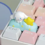 Handcrafted Cinnamoroll nebula artisan keycap, viewed from a charming angle, showing Cinnamoroll playfully in a swirling cosmic nebula.