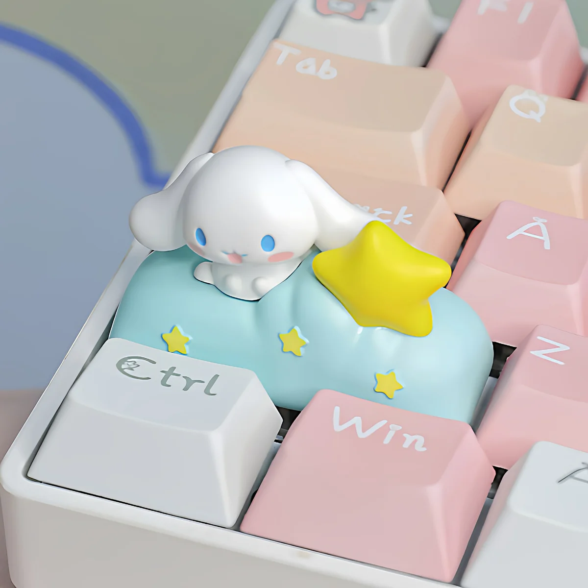 Handcrafted Cinnamoroll nebula artisan keycap, viewed from a charming angle, showing Cinnamoroll playfully in a swirling cosmic nebula.