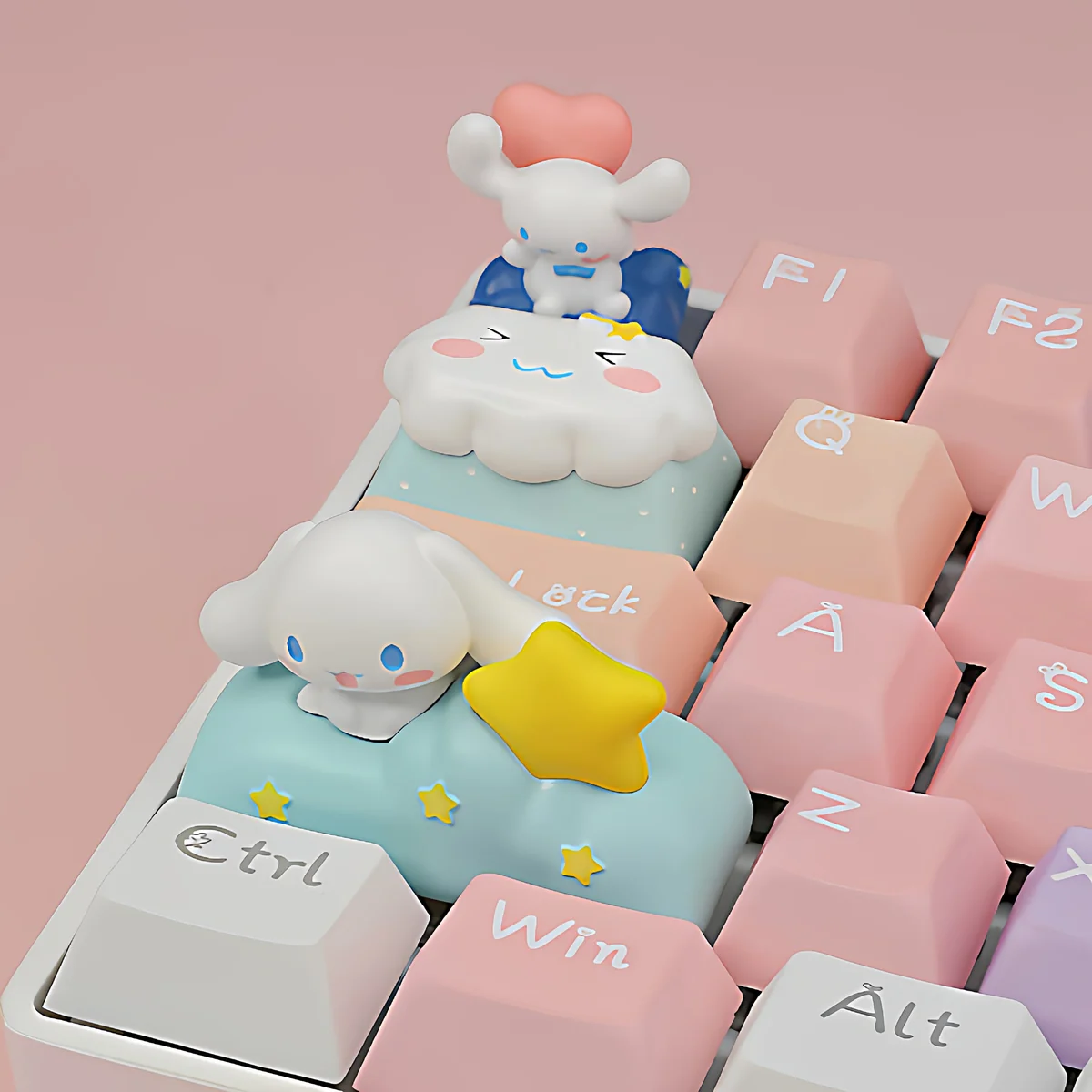 Handcrafted Cinnamoroll nebula artisan keycap, showcasing the adorable Cinnamoroll character playfully set in a vibrant, swirling cosmic nebula.