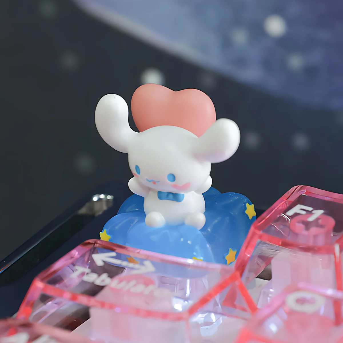 Whimsical Cinnamoroll Nebula Heart Shaped ESC Keycap showcased from a delightful new angle, revealing its sparkling cosmic Cinnamoroll design and dreamy design.