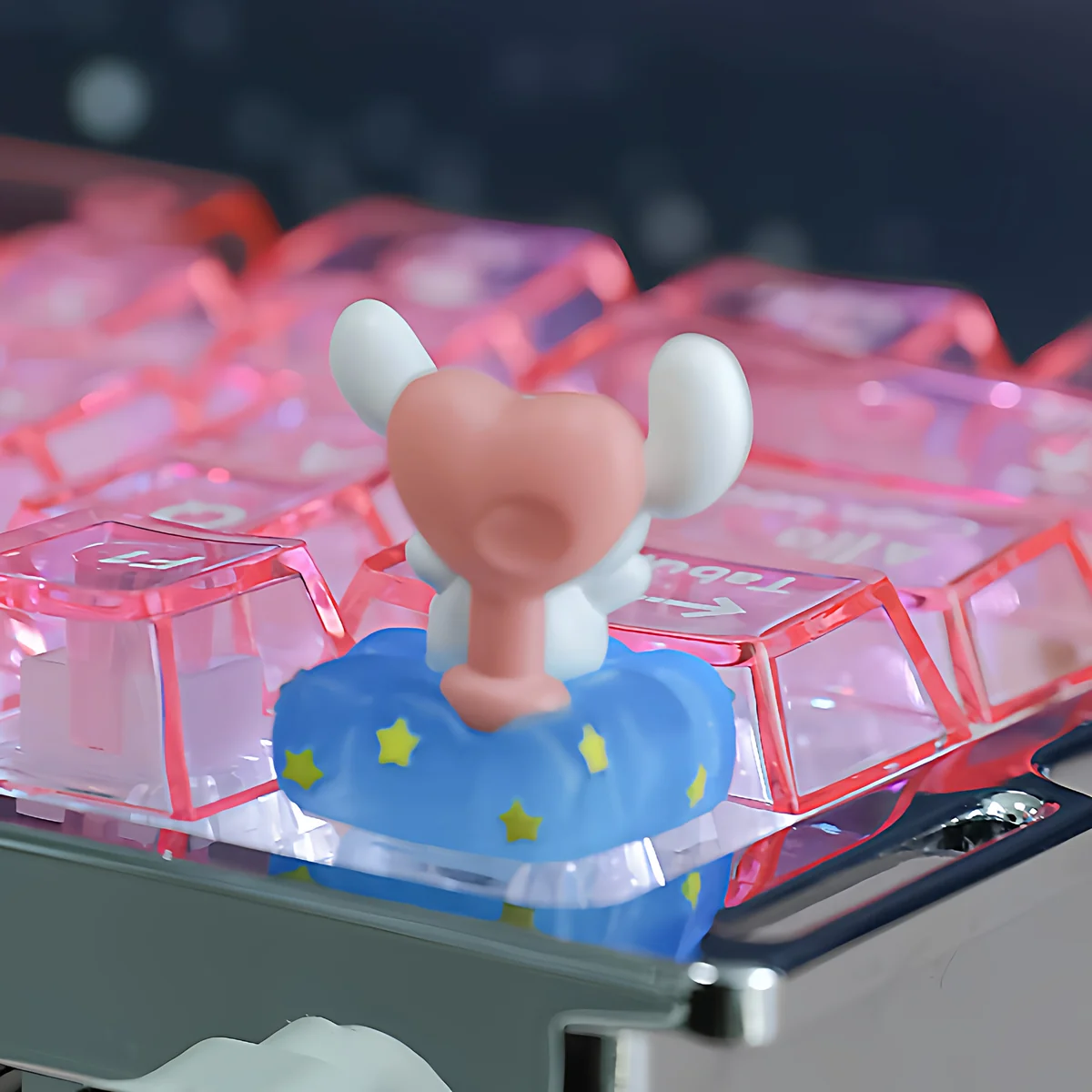 Detailed view of the whimsical Cinnamoroll Nebula Heart Shaped ESC keycap, showcasing its sparkling cosmic design and dreamy charm. A playful Cinnamoroll design.