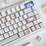 A close-up view of the Collage Mood Keycap Set, showcasing its artistic collage design and unique side-lit translucent legends.