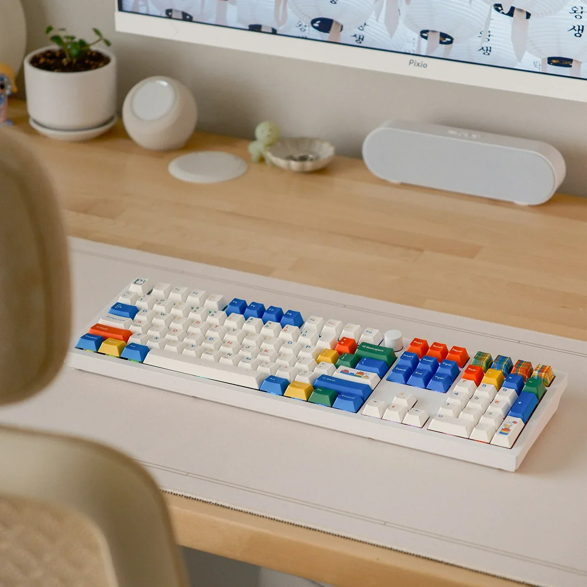 Close-up view of the Colorfun Dopamine PBT Keycap Set, showcasing adorable rabbit designs and vibrant colors on milky white PBT, inducing joy with every press.
