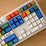Close-up of the Colorfun Dopamine PBT Keycap Set, showcasing the adorable dye-sub rabbit motifs and vibrant, joy-inducing colors on the soft milky white PBT.